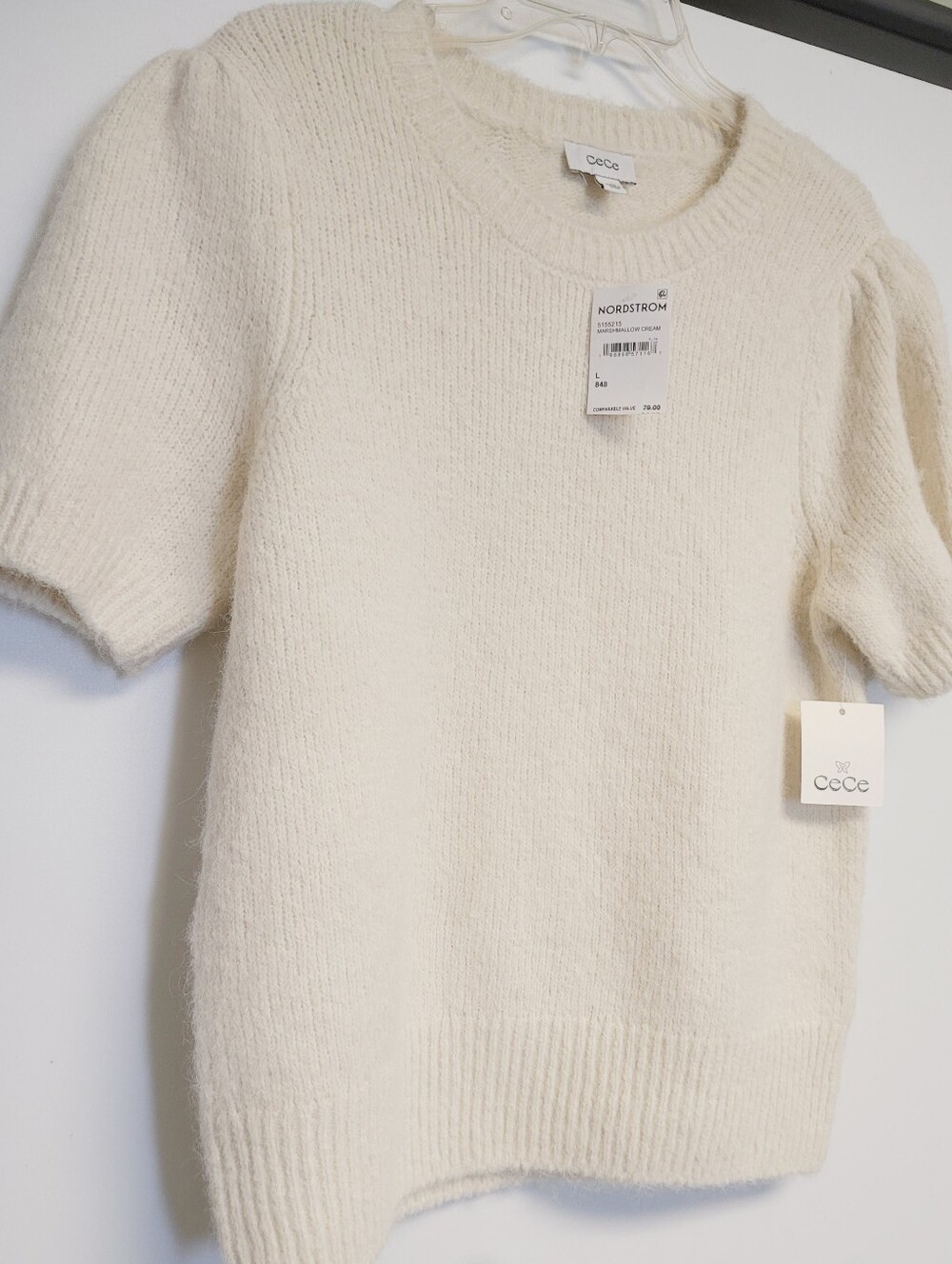 NWT CeCe  Puff Short Sleeve Wool-Blend Sweater in Marshmallow Cream Large - Picture 4 of 9
